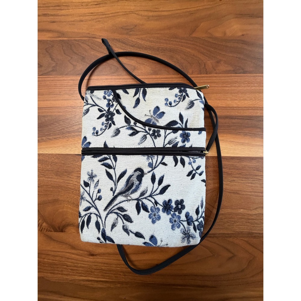 Danny K. Crossbody Bag White Blue Floral Tapestry Adjustable Zipper Pockets